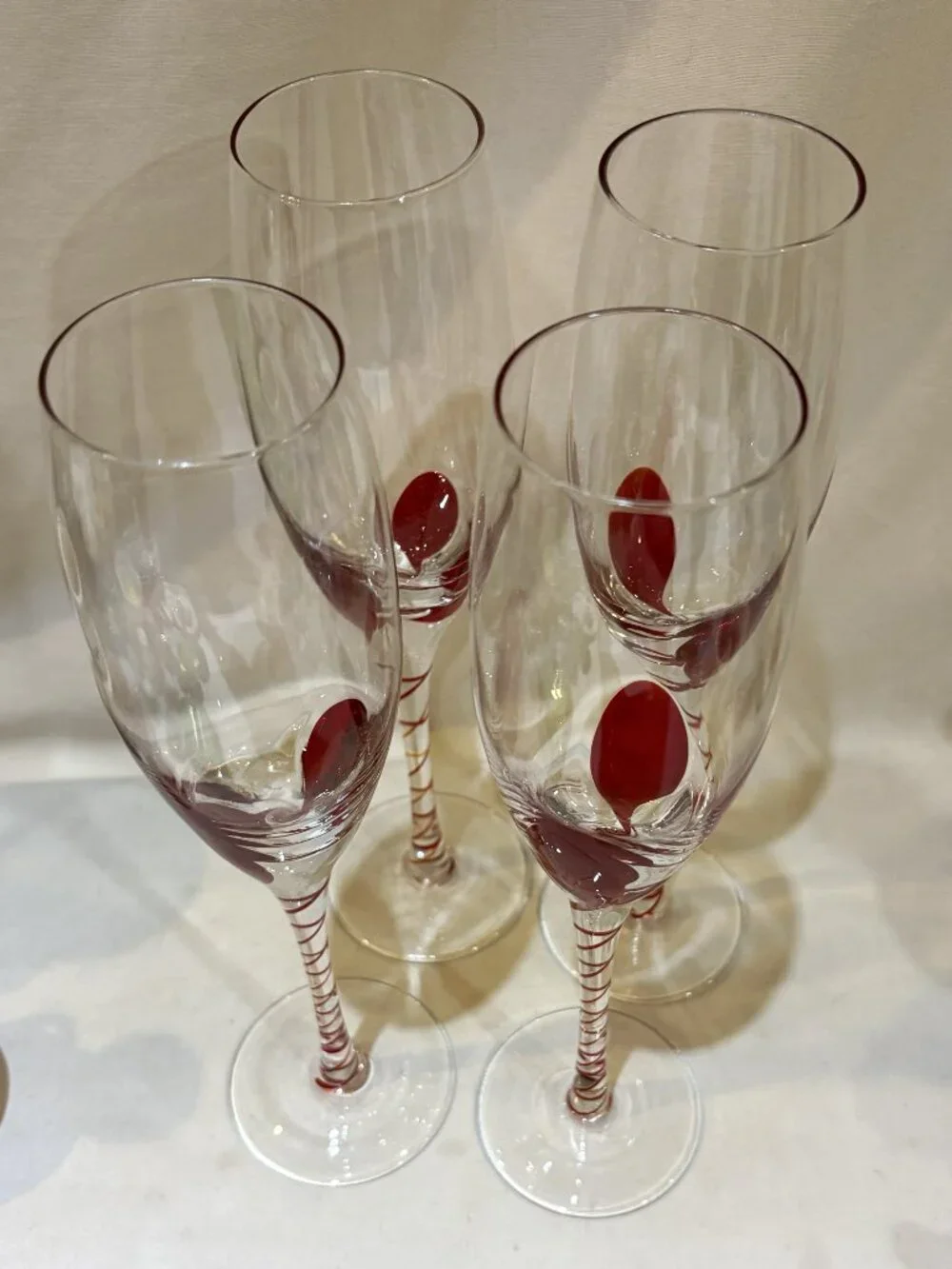 Set Of 4 Pier 1 One Red Swirled Stem Tear Drop Champagne Flute Wine Glass